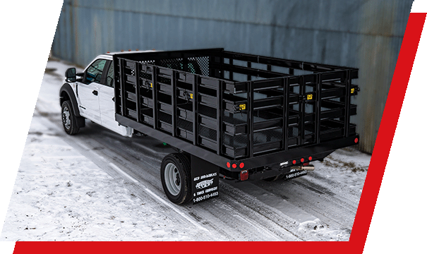 A Parkhurst truck body with stake racks installed