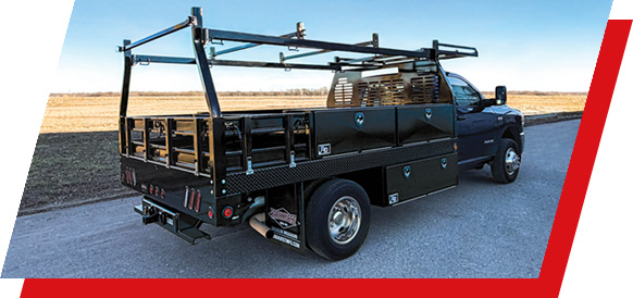 A Parkhurst truck body outfitted with racks and custom toolboxes and storage