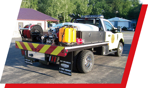 A Parkhurst Rancher truck body customized with lots of tools and equipment for a fire department